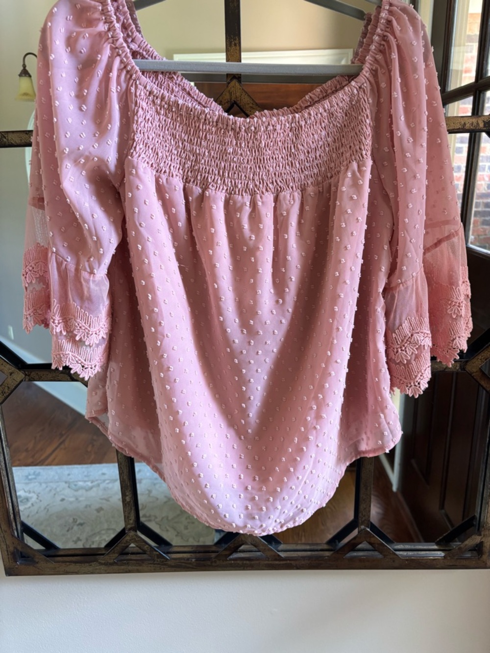 Smocked Off-Shoulder Pink Swiss Dot Blouse